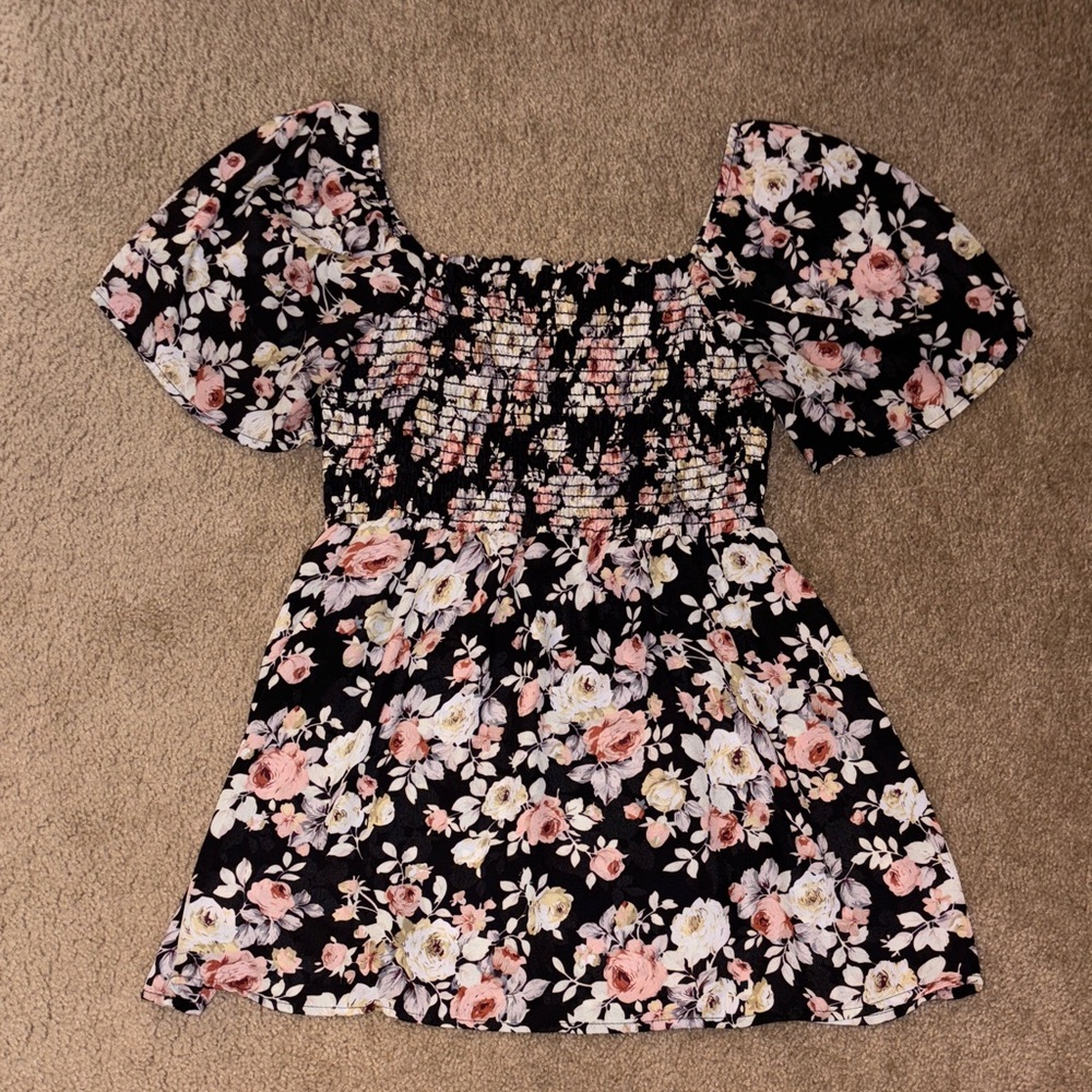 Vanilla Bay Black Floral Smocked Top